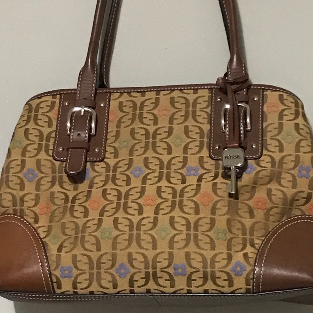 Fossil Tan & Brown Monogram Shoulder Bag with Multicolor Accents